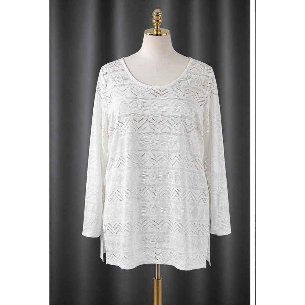 L.L. Bean UPF Beach Cover Up Tunic Swim Top White Pointelle Cut Out Size Large